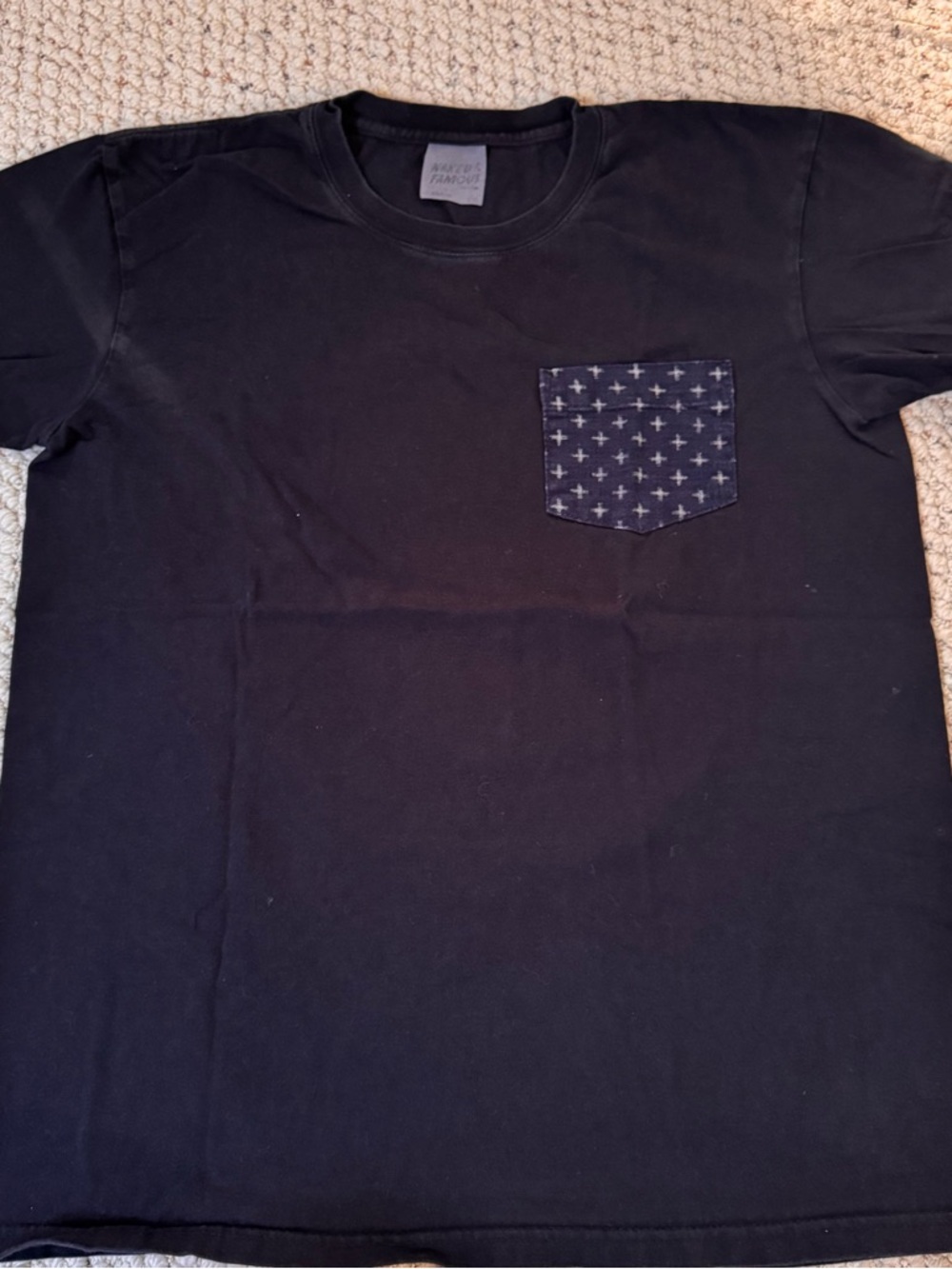 Naked & Famous Denim Black Short Sleeve T-Shirt with indigo Patterned Pocket